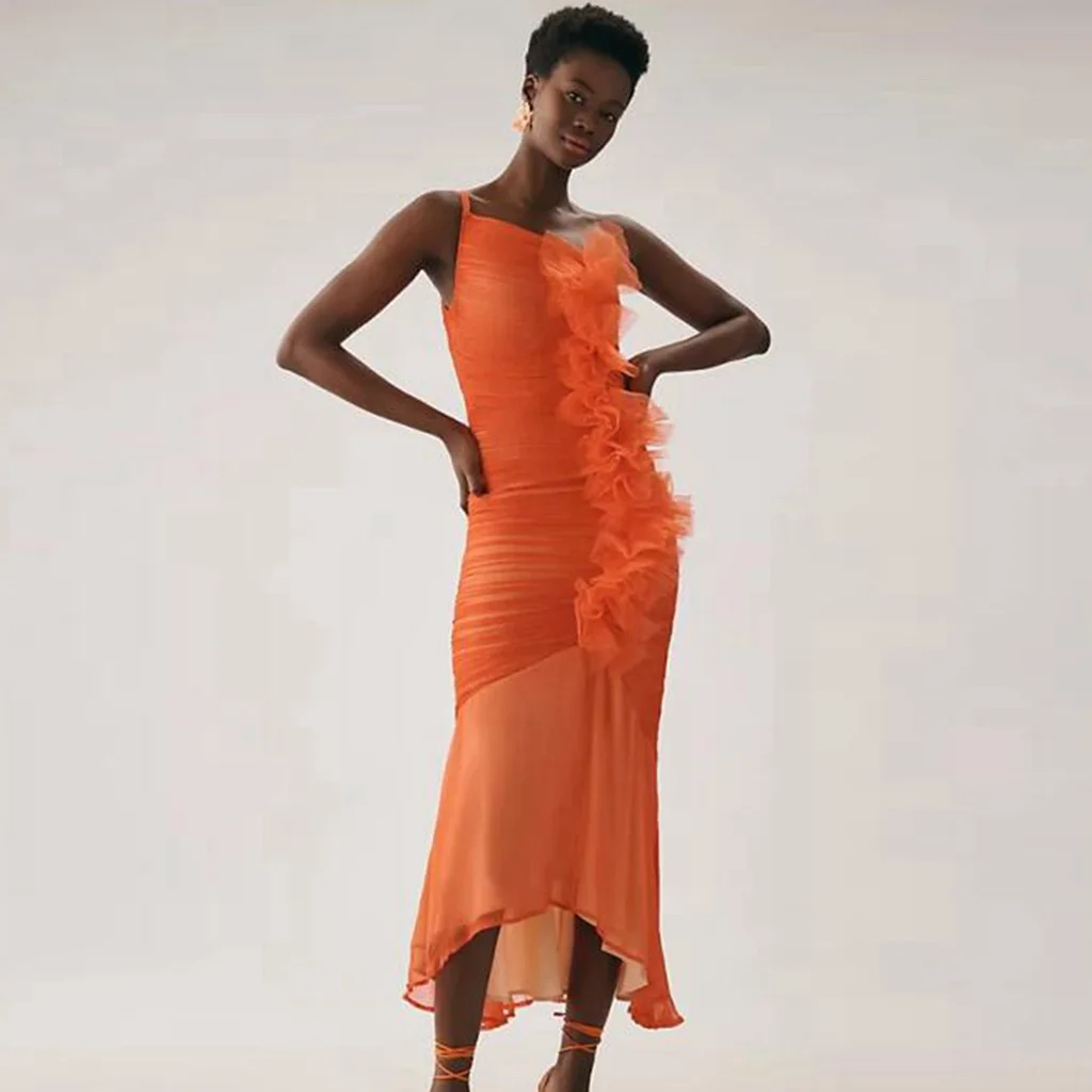 

One Shoulder Orange Chiffon Midi Dress Ruffled Bundage Sleevless Woman Clothes Custom Made Ever Pretty Summer Dresses For Party