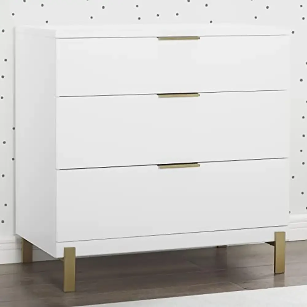 Modern 3-Drawer Dresser White/Bronze Safe Painted Finish Sustainable Pine Wood Easy Assembly Coordinating Collection