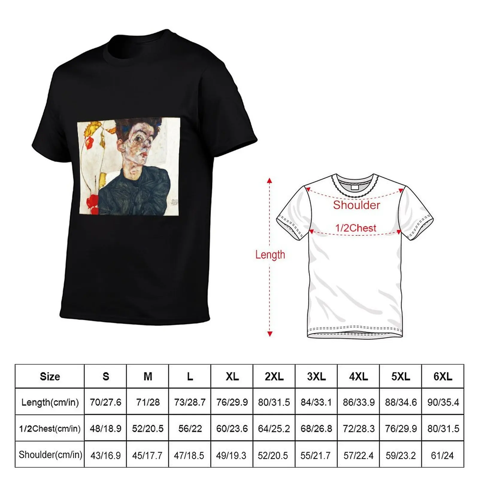 HD Self Portrait with Physalis by Egon Schiele 1914 HIGH DEFINITION T-Shirt, Summer Casual Cotton Tee, Oversized Streetwear Tops view 5
