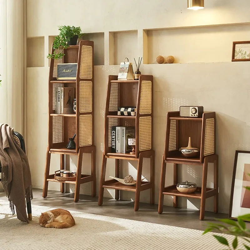 Retro style solid wood small bookshelf shelf, floor rattan bookcase