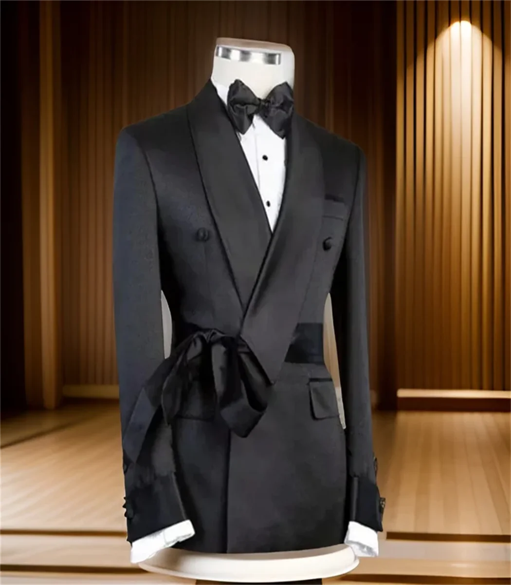 1 Pc Double Breasted Suit Jacket for Men Wedding Shawl Lapel Slim Fit Groom Blazer with Belt Fashion Coat