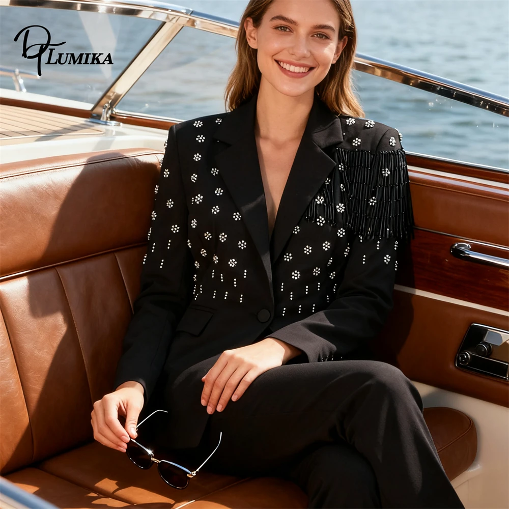 سترة بدلة مزخرفة بأحجار الراين وهامش، مقاسات M-XL متوفرة، ملابس خارجية رسمية/حفلة بقصة ضيقة للنساء الصورة الفعلية #1