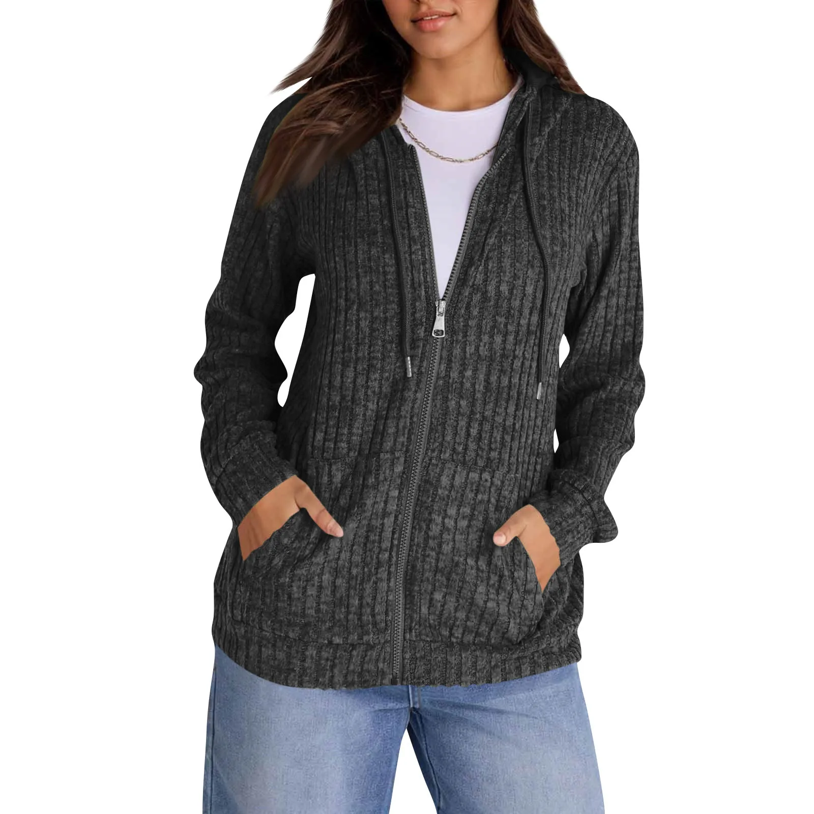 Autumn Winter Ribbed Wool Zip-Up Sweatshirt Women's Loose Long Sleeve Jacket