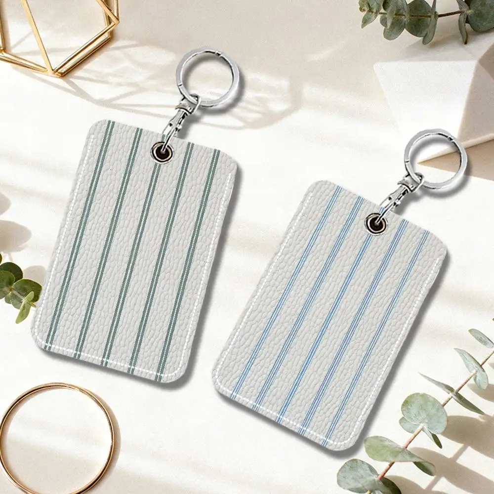 Line Fashion PU Soft Leather Rectangular Keychain Card Holder, Badge Student ID Bus Elevator Card Protector, Fashion Accessory