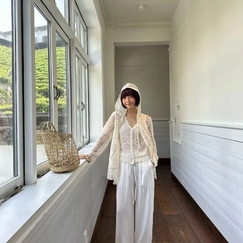 

Женский летний кардиган с капюшоном, ажурный, элегантный, с длинными рукавами, для защиты от солнца, комфортный, минималистичный, нишевый, премиум-класса