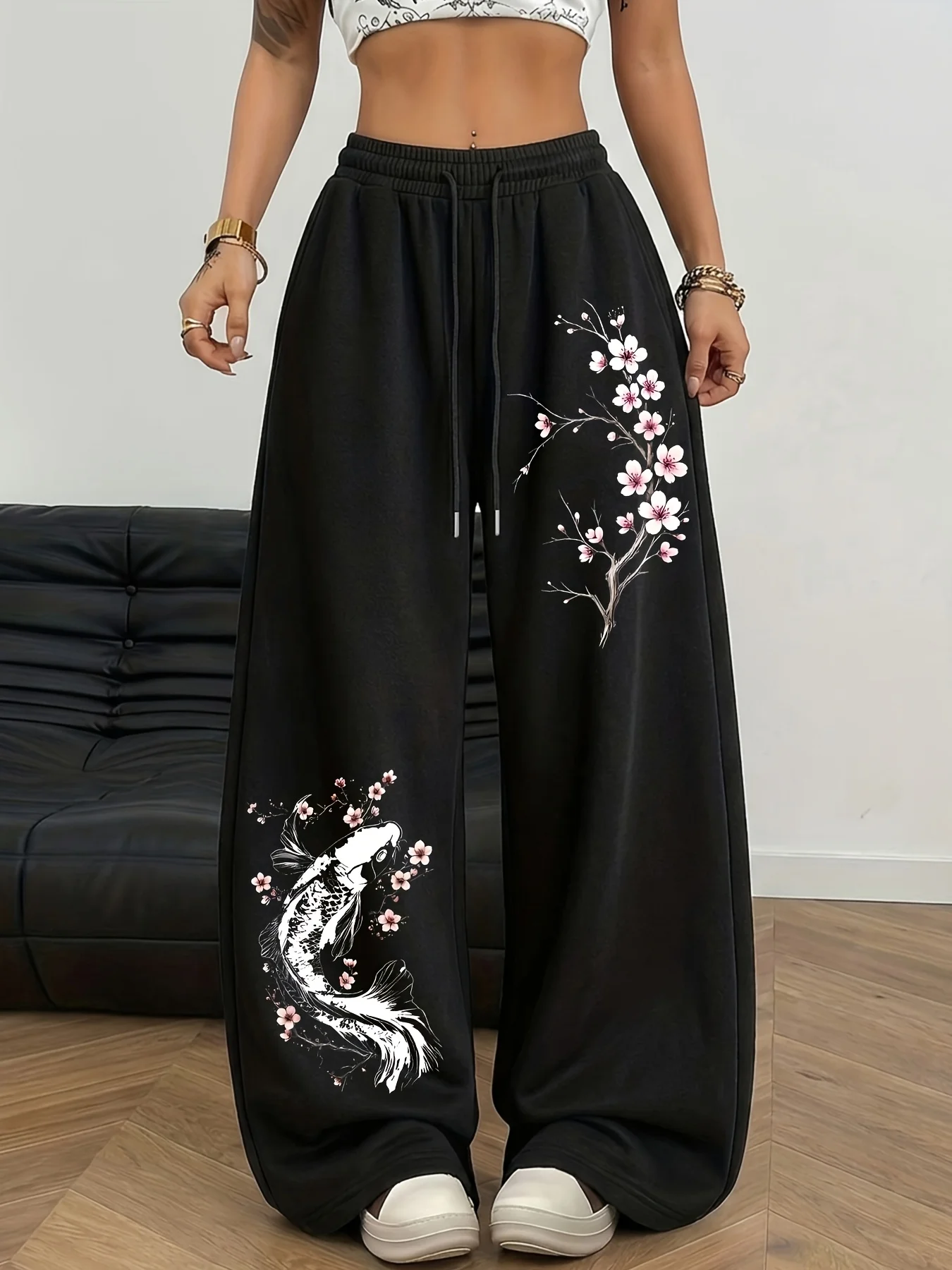 Street Style Personalized Street Koi and Plum Blossom Printed Sports Sweatpants, Women's Drawstring Straight Leg Sports Pants
