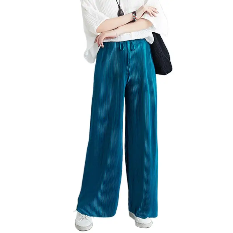 

Women casual Summer Pants Soft Ice Silk AnkleLength Black Wide Leg Pants Grey Khaki Women High Waisted Trousers Ropa Mujer