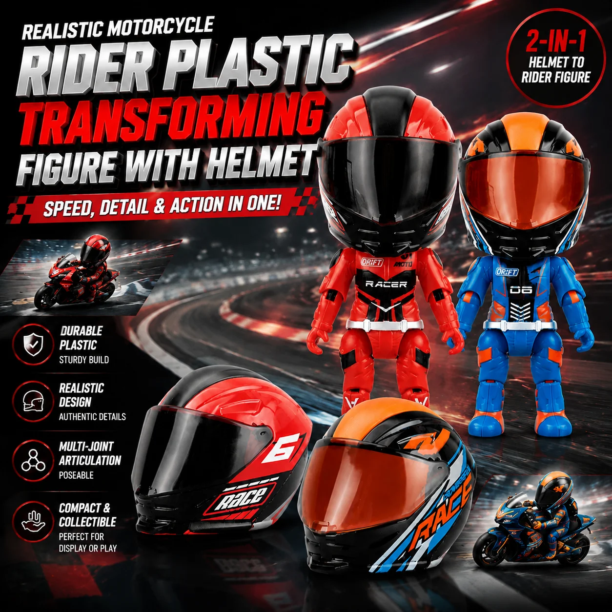 2in1 Transforming Motorcycle Rider Alloy Figure With Helmet Collectible Toy Poseable Racer Action Figure For Display Decoration