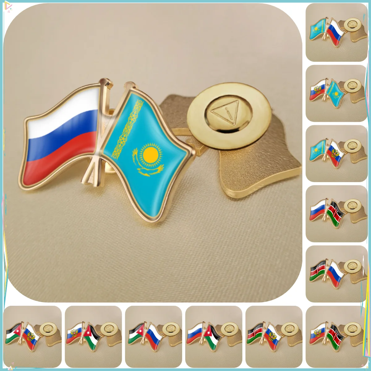 Russian Federation and Jordan Kazakhstan Kenya Double Crossed Friendship Flags Brooches Lapel Pins Badges