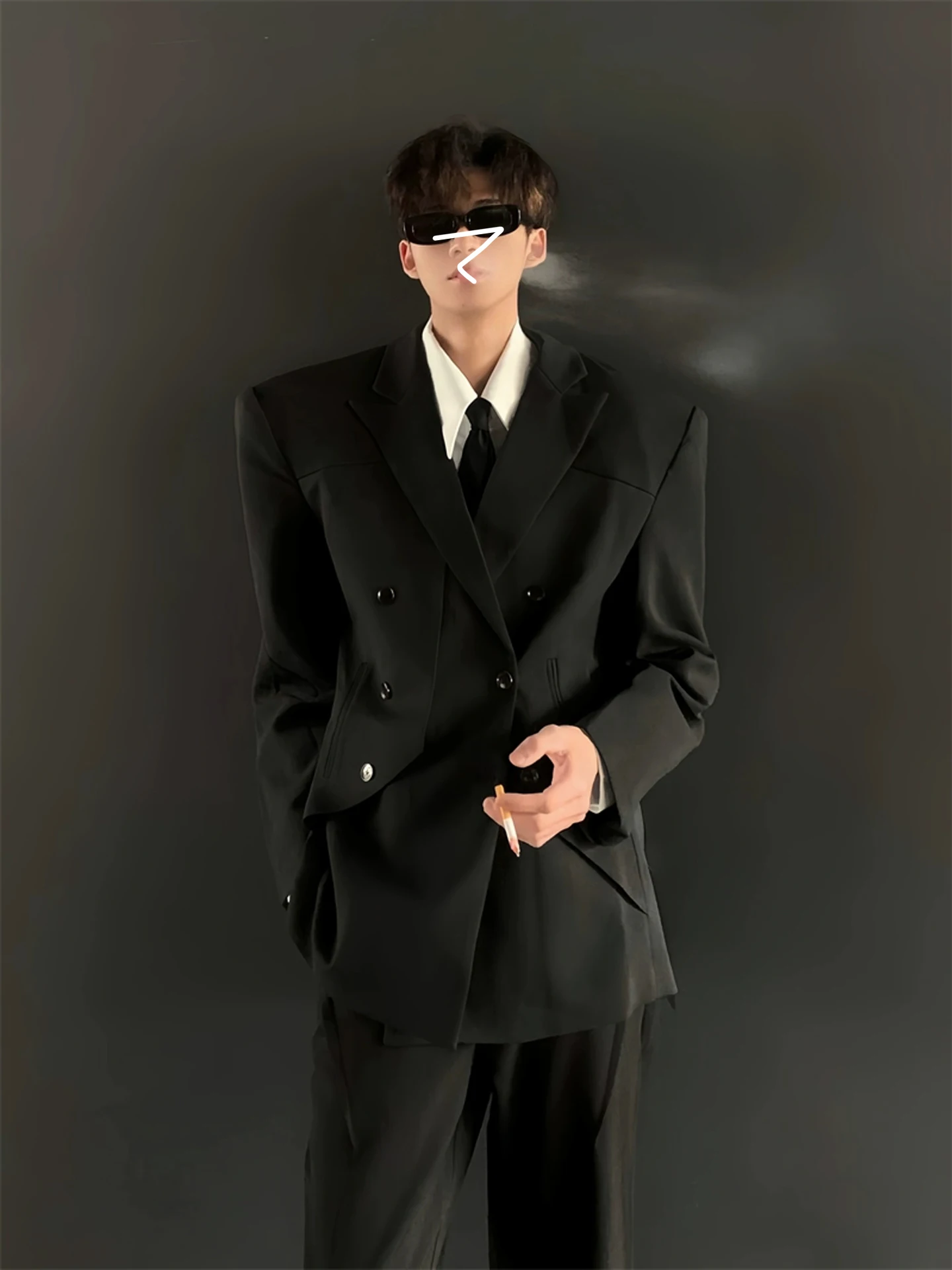 

Original Metal Pad oulder Men's Casual Suit Jaet Loose High-End Design Autumn Faion Long Sve Pure Color Tee Button