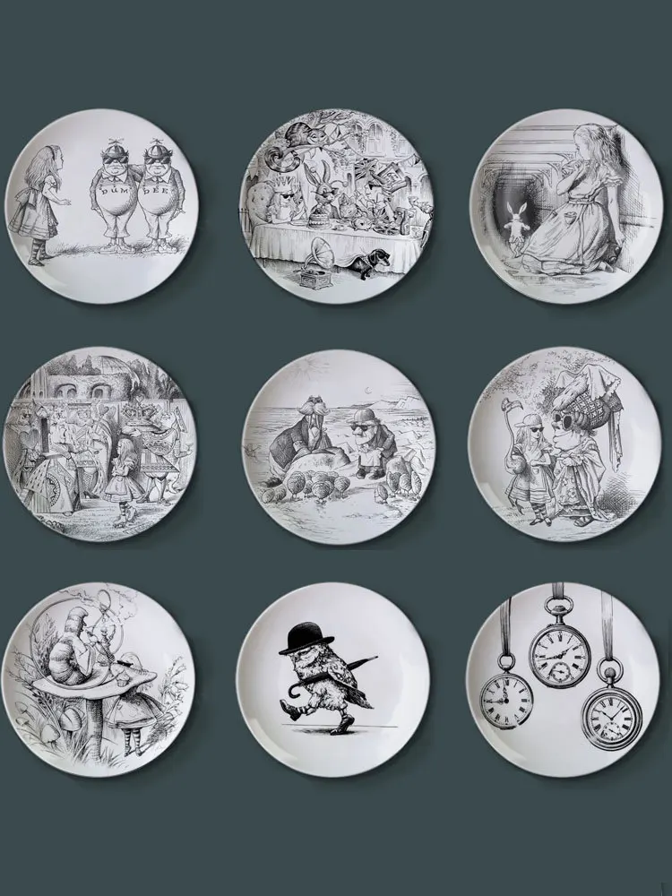 Alice in Wonderland Vintage Hand Painted Plate Animation Cartoon Black and White Sketch Coasters Ceramic Dish Home Decoration