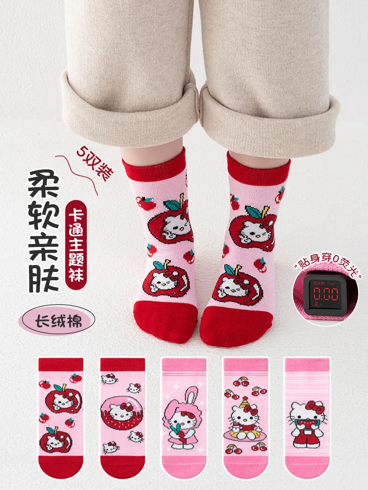 

5 Pairs Kawaii Sanrio KT Cat Children's Socks Cute Cartoon Anime Socks Autumn Winter New Girls Pink Cat Cotton Socks Girls Gifts