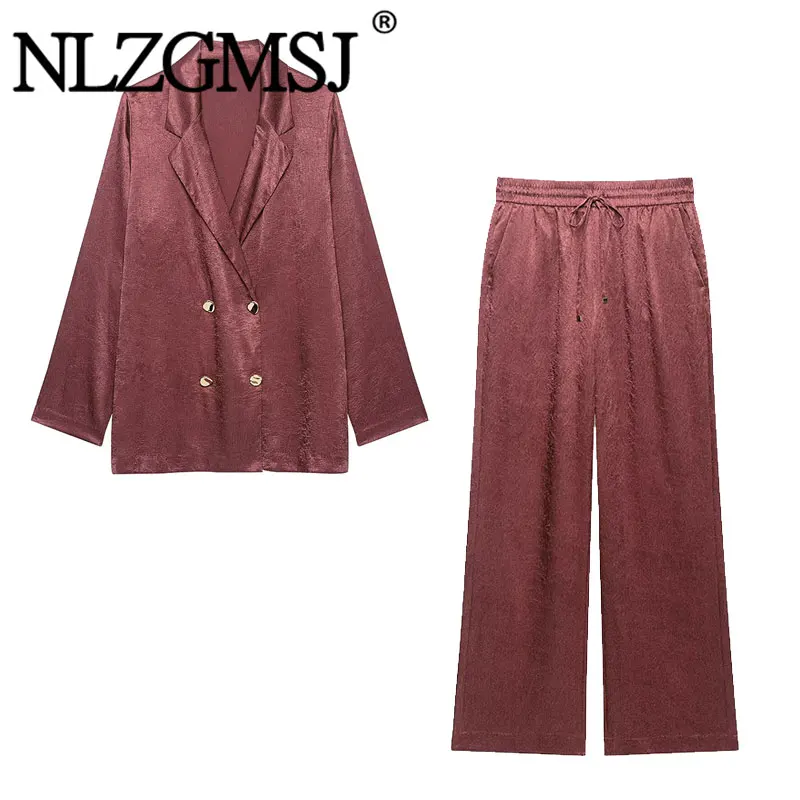 NLZGMSJ 2026 Autumn Women Sets Wide Leg Pants Wrinkle Effect Oversize Office Jacket Coat Loose Blazer Suits New