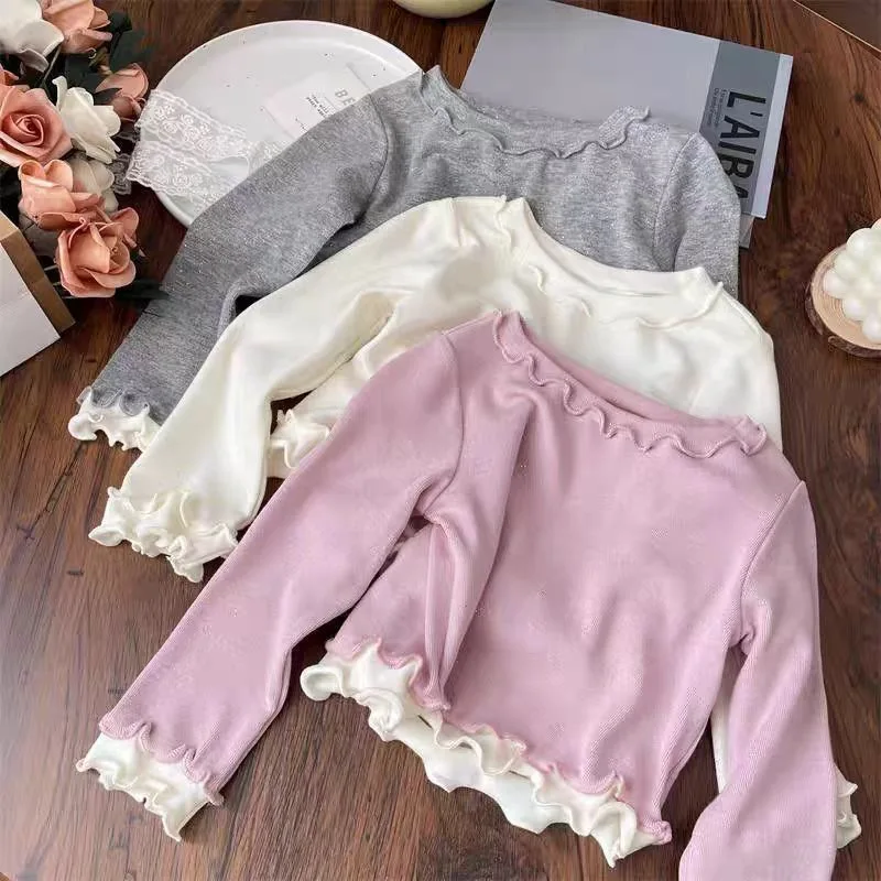 Spring Autumn Girls T-neck Baby Fashion Kids Personality Lace Collar False Two-piece Ruffled Edge Base Layer