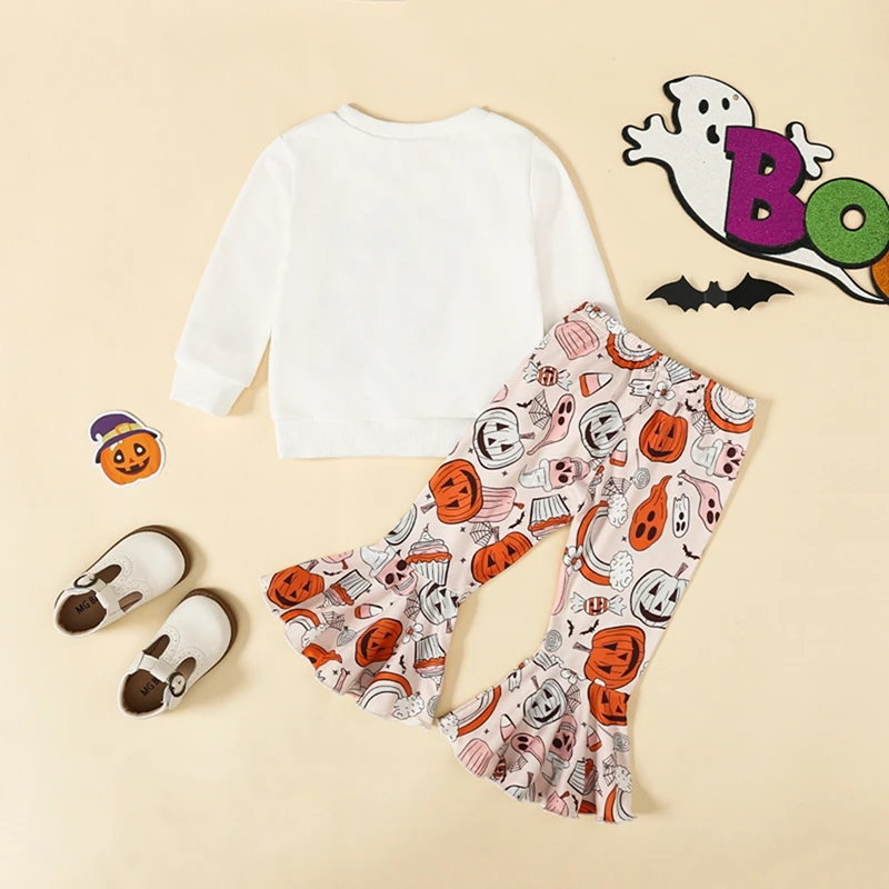 Toddler Halloween Costume Set with Long Sleeve Top and Flare Pants - Baby Girl Outfit with Cartoon Print for Spooky Fun