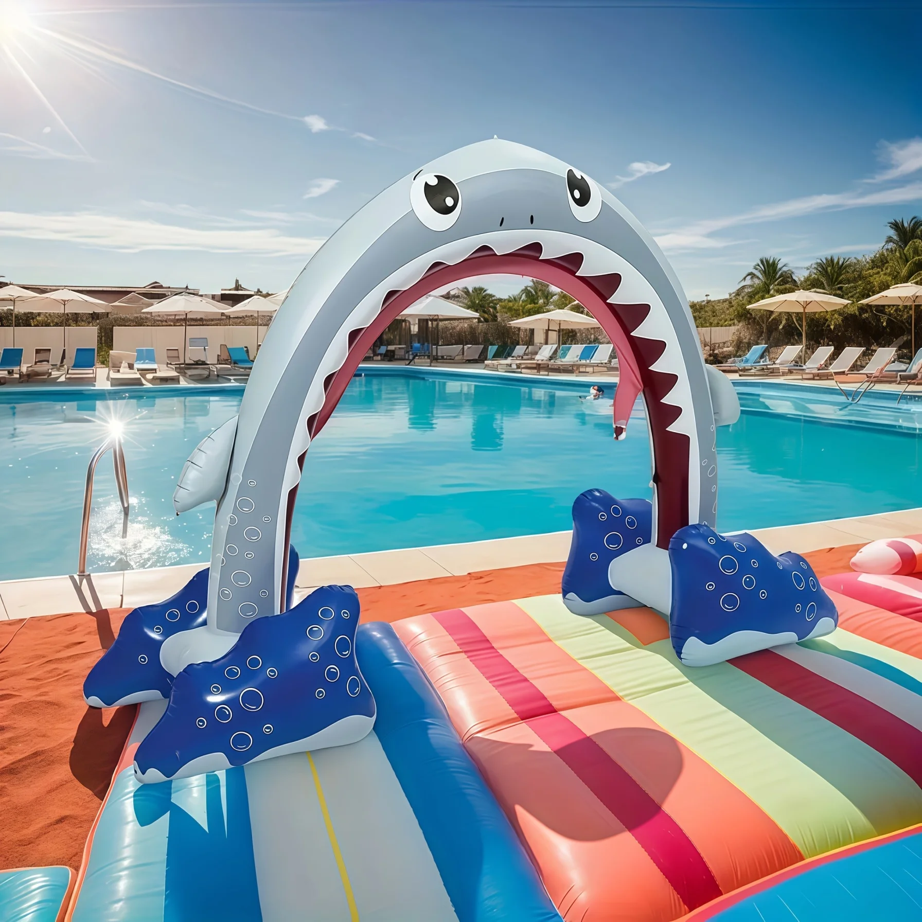 Inflatable outdoor holiday decorations are essential! Durable PVC sprinkler arch, suitable for backyard, lawn, and pool parties, inflatable summer fun decoration (98.43 inches * 68.9 inches) shark sprinkler toy