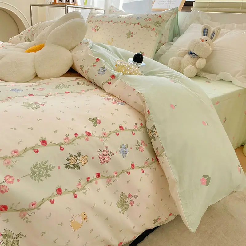 New Arrival Floral Bedding Set Ins Grid Duvet Cover Flat Sheet Pillowcase Full Queen Size No Filler Girl Boys Home Bed Linens