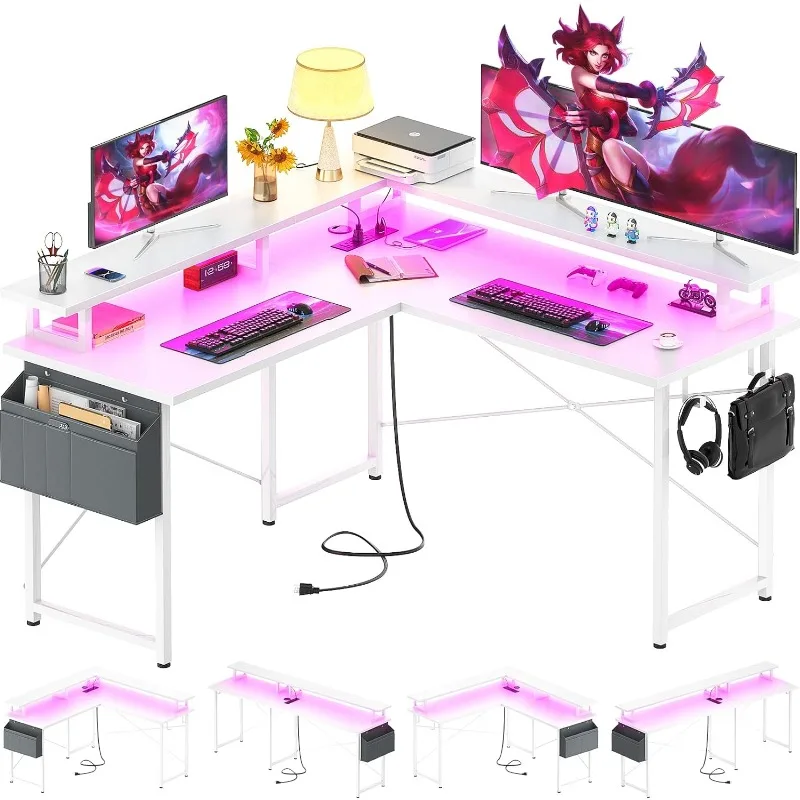 Bureau d'ordinateur en forme de L avec prises de courant, bureau de jeu en forme de L avec lumières LED, bureau d'angle avec étagères de rangement