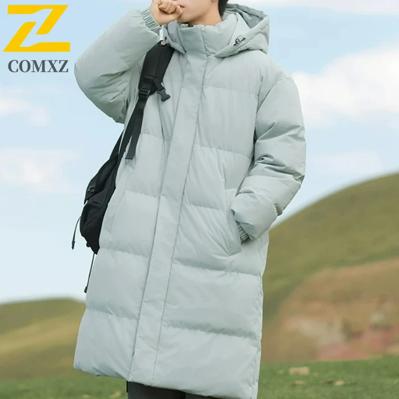 

COMXZ 2025 Winter Long Down Jacket Men High Quality Lightweight Thick White Duck Down Warm Coat Man Skiing Hooded Parka Puffer