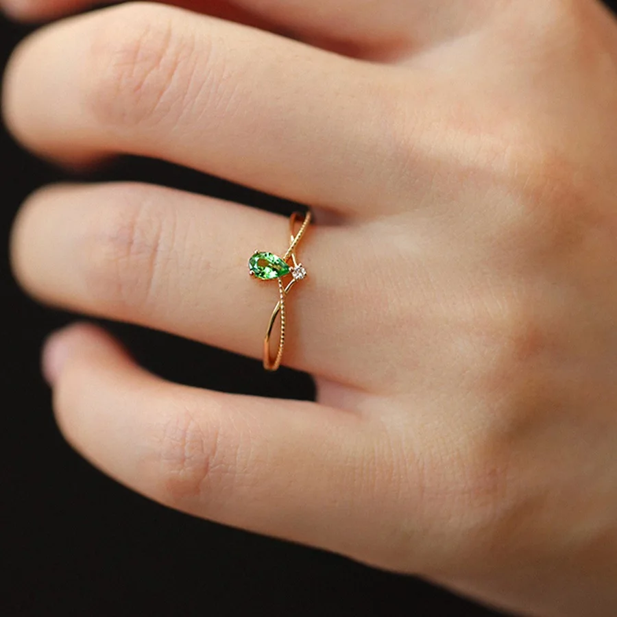 925 Sterling Silver Plating18K Gold Retro Green Water Droplet Zircon Ring for Women French Fashion Temperament Party Jewelry