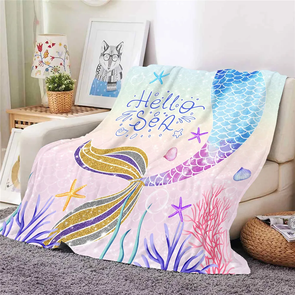 HX Mermaid Blanket Mermaid Tail Starfish Shells 3D Printed Keep Warm Plush Quilts Flannel Blankets for Bed Funny Gifts