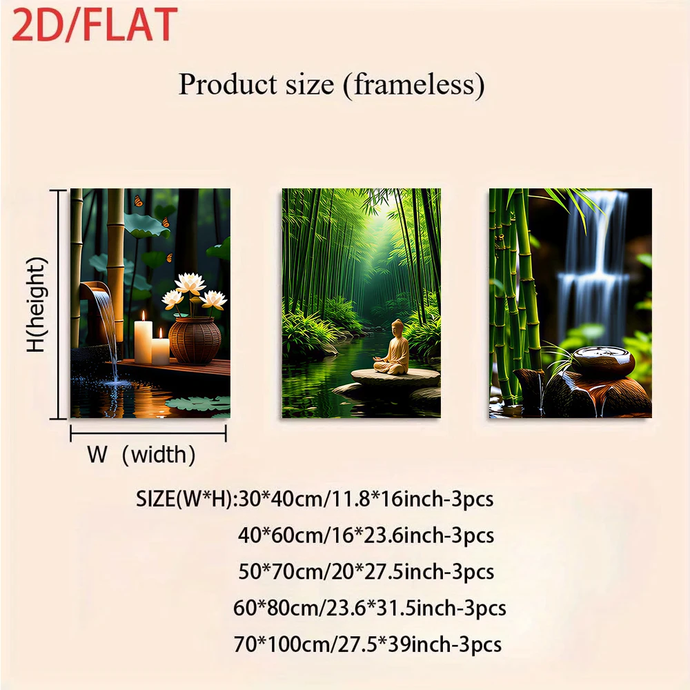 1 set of three-panel frameless bamboo forest Zen painting, Buddha image waterfall natural landscape painting, 2D flat
