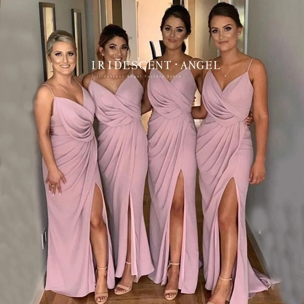 

Iridescent Pink V-Neck Bridesmaid Dresses Chiffon Spaghetti Straps Zipper Back Sexy Side Split Mermaid Wedding Party Gowns Vent