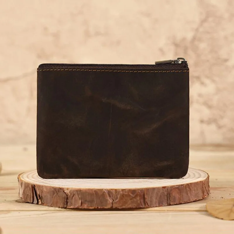 Monedero Retro de cuero genuino con llavero para hombres y mujeres, billetera de piel de vaca con cremallera, Mini bolso Vintage