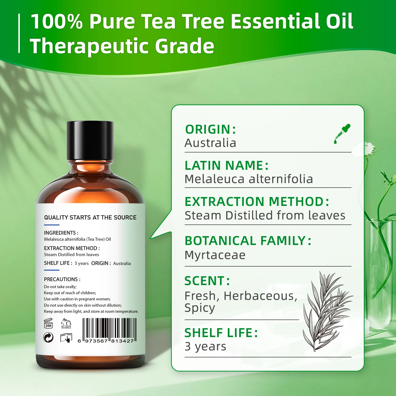 HIQILI 100ML Tea Tree Oli Essenziali per Diffusore Umidificatore Aromaterapia Massaggio Olio Aromatico per Candele Fare Sapone Cura Dei Capelli