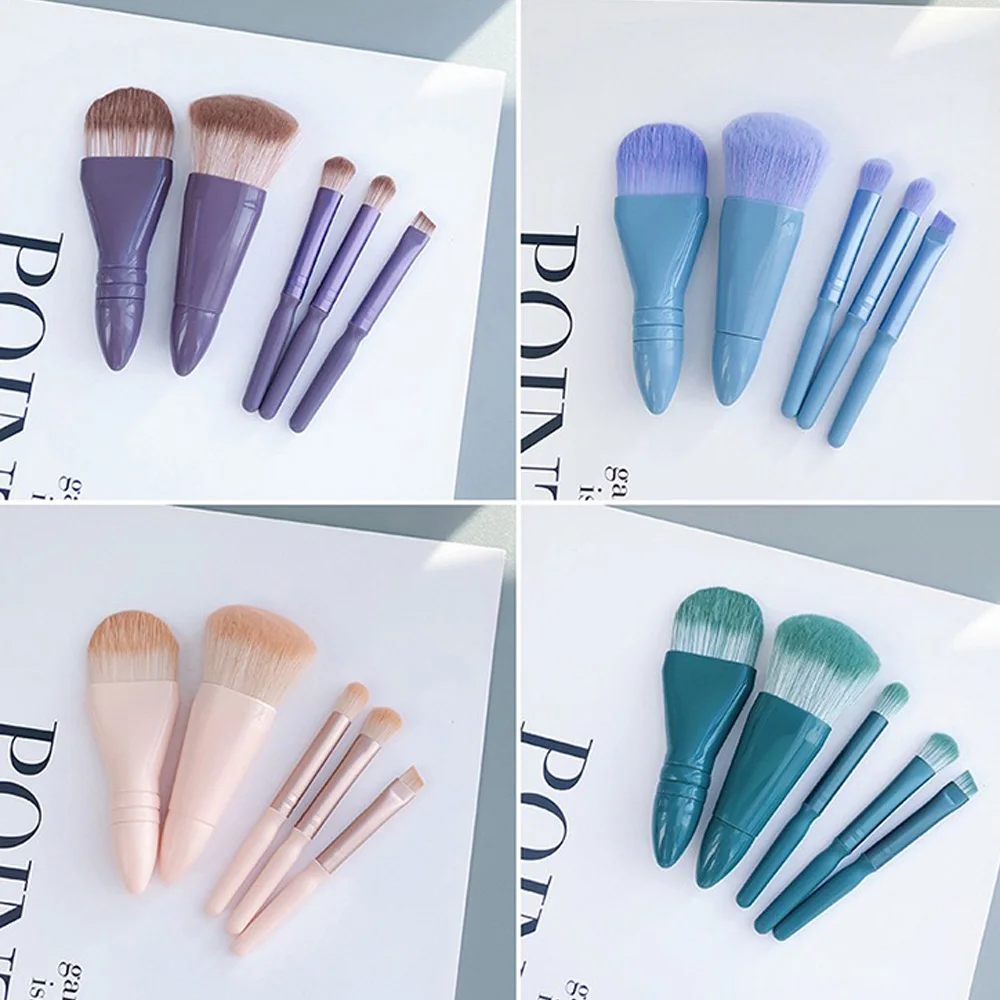 Set di pennelli per trucco portatile da 5 pezzi con specchio Pennello per ombretto multifunzionale Pennello per fondotinta Pennello per cipria Strumento di bellezza cosmetica