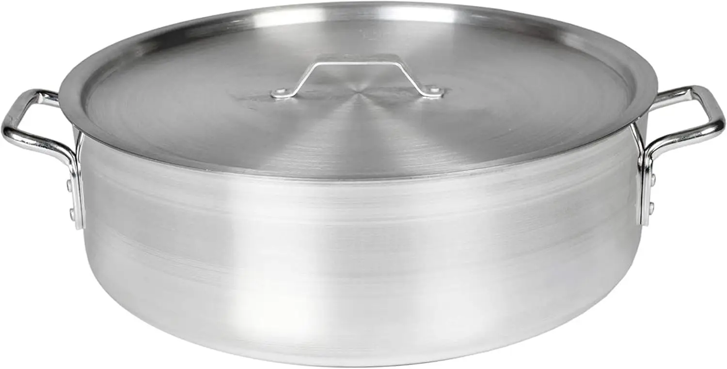 

40 quart capacity, with cover, 6 mm thick, extra heavy, flat bottom, aluminum, mirror-finish