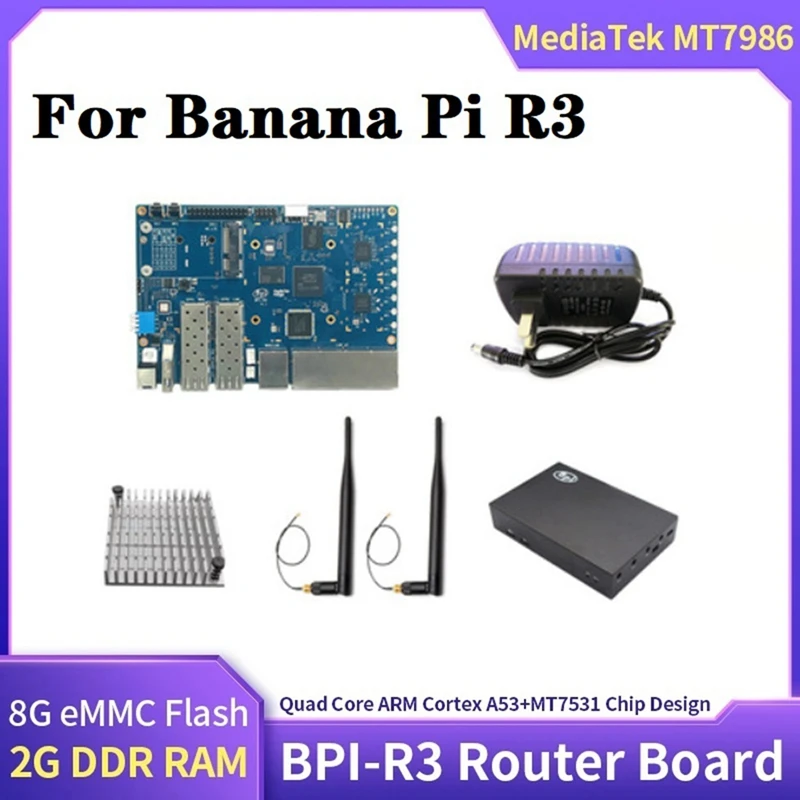 For Banana PI BPI R3+Case+Geat Sink+Antennas+Power MT7986 2G+8G EMMC 2 SFP 2.5Gbe 5Gbe Router Development Board Blue Set US Plug