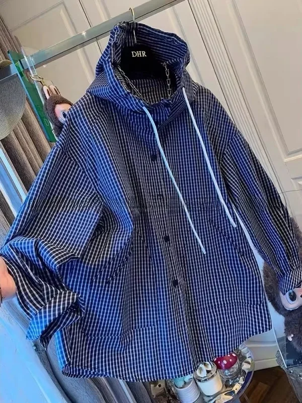 

Кардиган-жакет оверсайз в американском ретро-стиле в клетку с капюшоном и шнурком, весна-осень, повседневная одежда