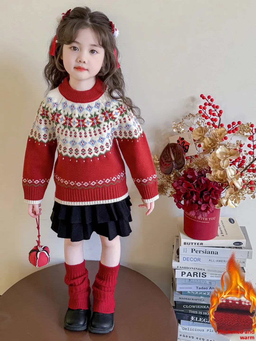 

Красный вязаный свитер Thiened Cisas для девочек, осень-зима, милый базовый топ, повседневная одежда, круглый топ Ne Long Sve