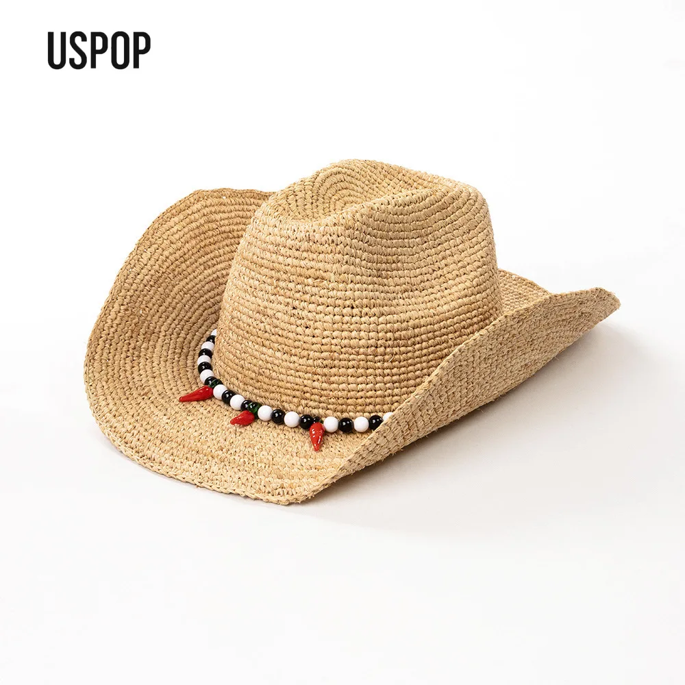 USPOP Women Handmade Raffia Straw Sun Hat with Beaded Chain Women Boho Style Wide Brim Summer Cowboy-Inspired Beach Hat