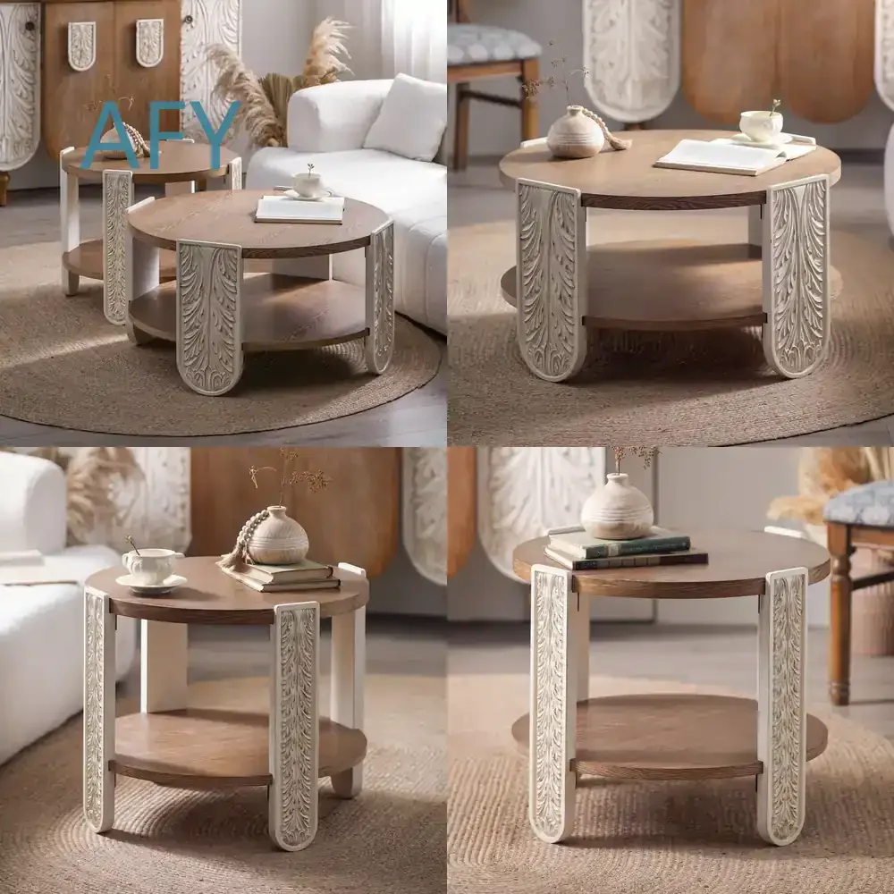 French Style Luxury Wooden Carved Coffee Table for Hotel Decor Vintage Distressed Two Tier Side Table for Living Room
