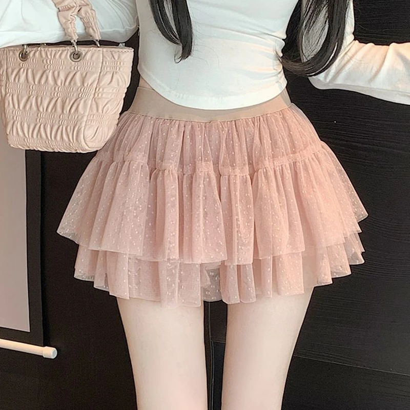 Casual Summer Mini Tulle Skirt Ball Gown Women High Waist A Line Faldas Korean Fashion Clothes Dot Pleated Black Micro Skirt