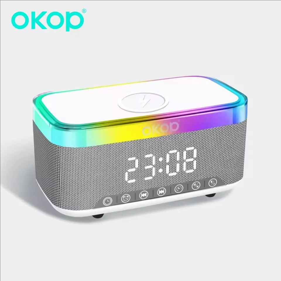 OKOP Bluetooth Speaker 15W Power Wireless Charging,Clock Alarm Clock RGB Ambient Light White Noise Desktop Charger Speaker