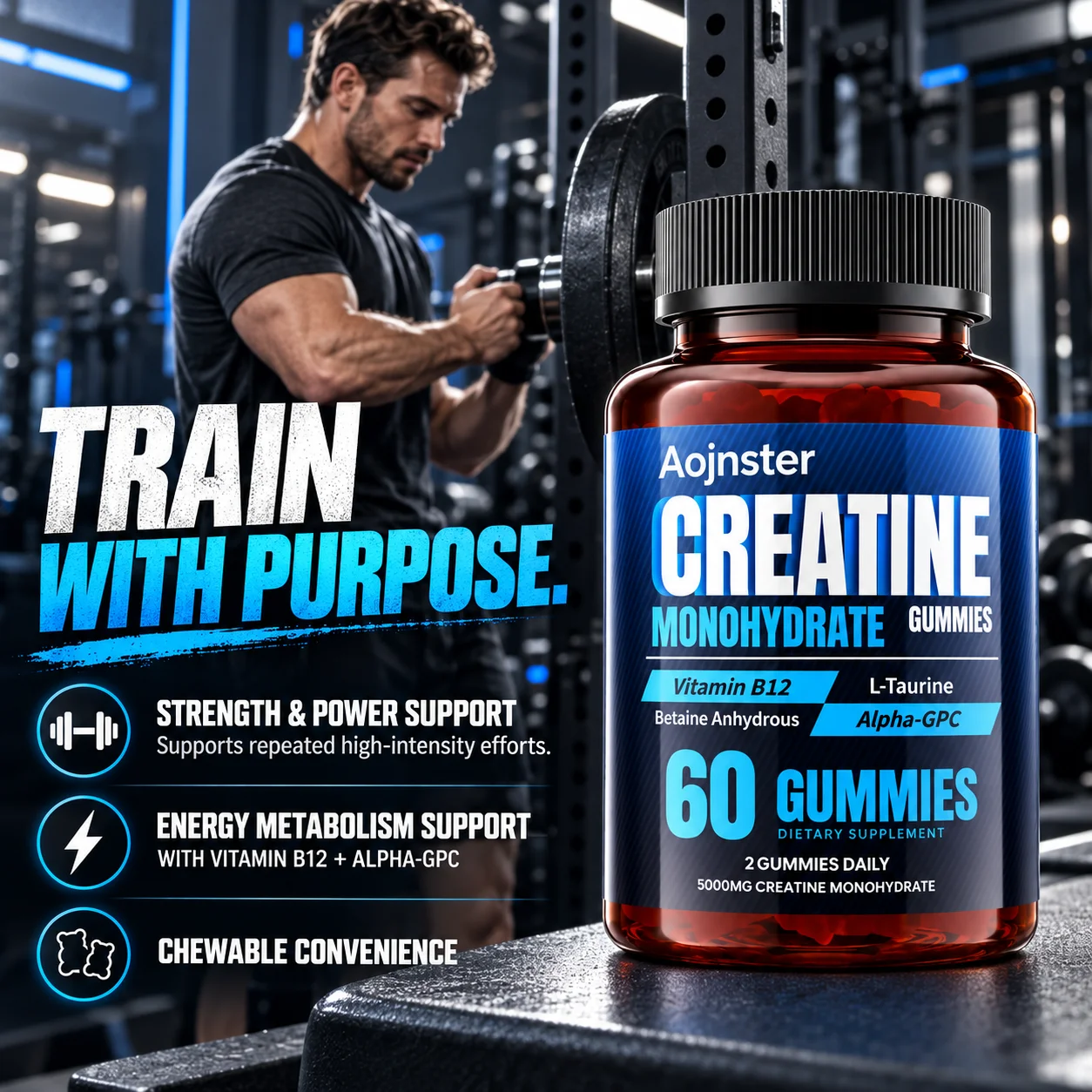 Aojnster Sugar Free Creatine Monohydrate Gummies 5000mg Chewable Dietary Supplement Daily Nutritional Support