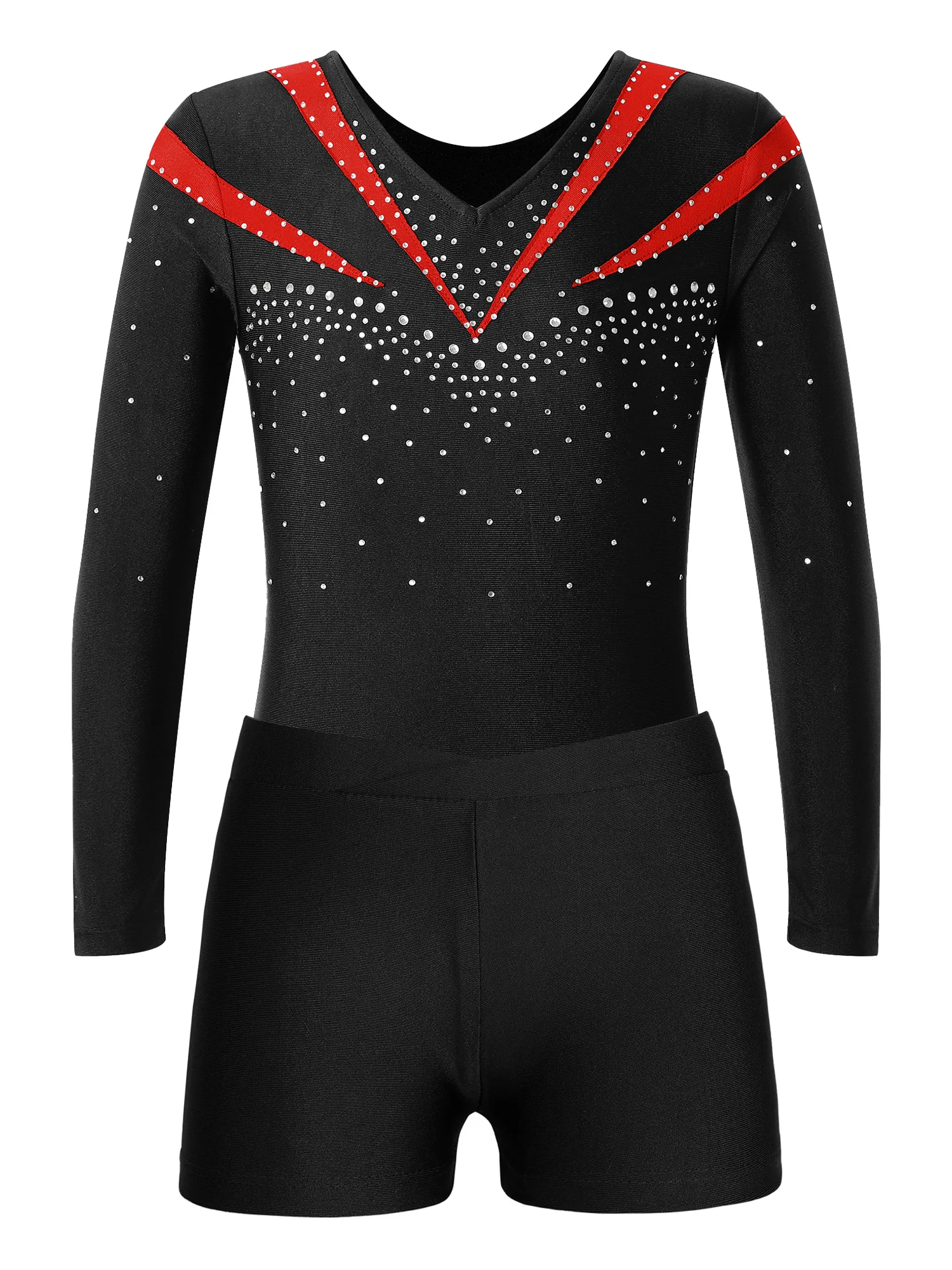 

Kids Girls Long Sleeve V Neckline Dance Wear Shiny Rhinestone Decorated Contrast Color Leotard with Shorts for Sports Gymnastic