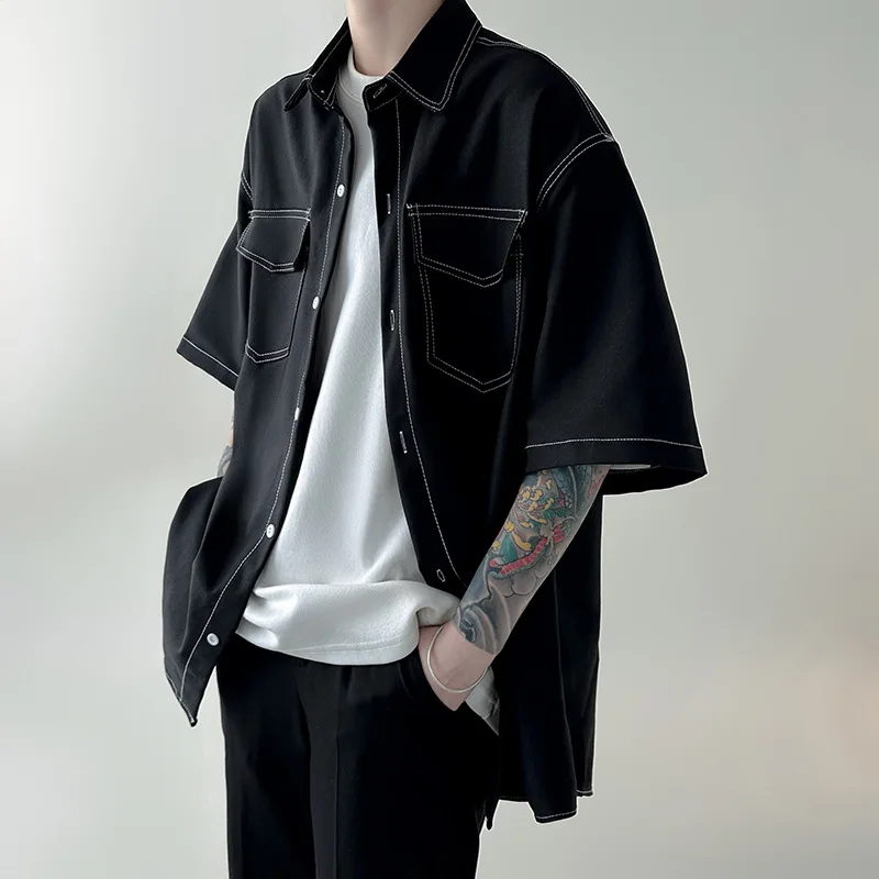 

Spring and Summer Men's Thin Shirt Japanese Fashion Brand Plankton Shuai Cargo Short Sleeve New Ice Silk Half-sleeve Shirt Coat