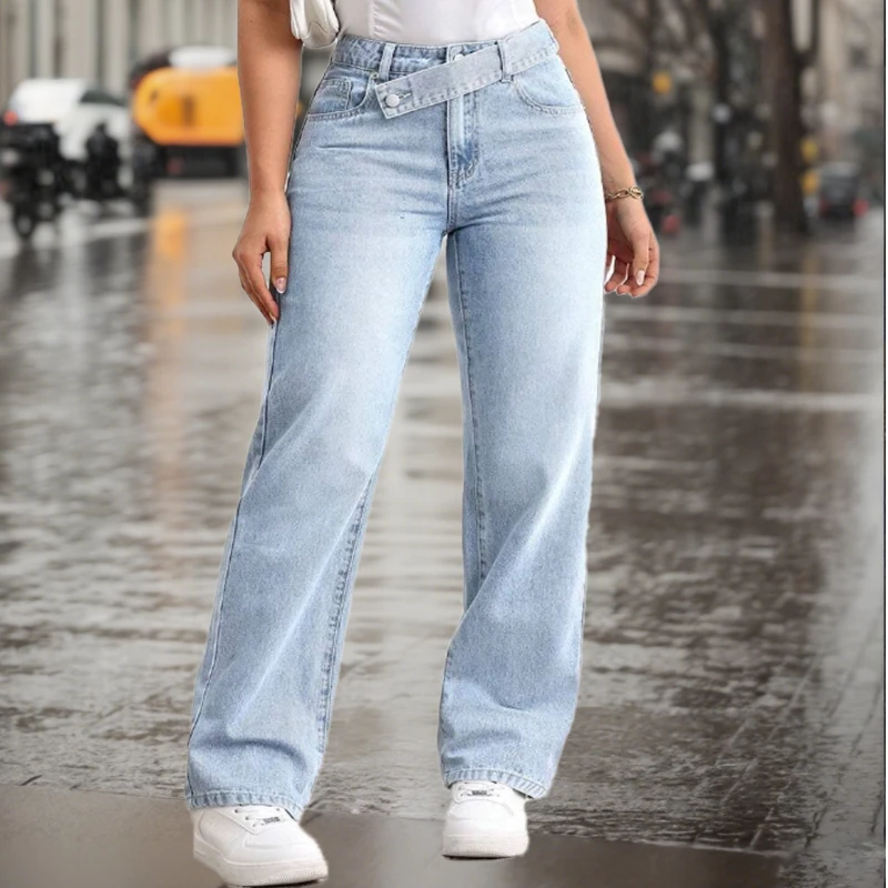 

Женские джинсы Y2k Джинсы Мешковатые джинсы Синие повседневные легкие джинсовые брюки с перекрывающейся талией Свободные прямые джинсовые брюки для женщин