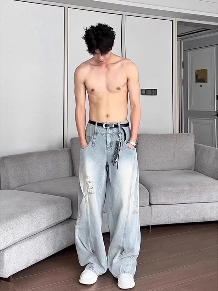 Cleanfit Men's Vintage Washed Wide Leg Jeans Summer High Street Style Deconstructed Patchwork Torn Denim Pants Loose Fit Stra...