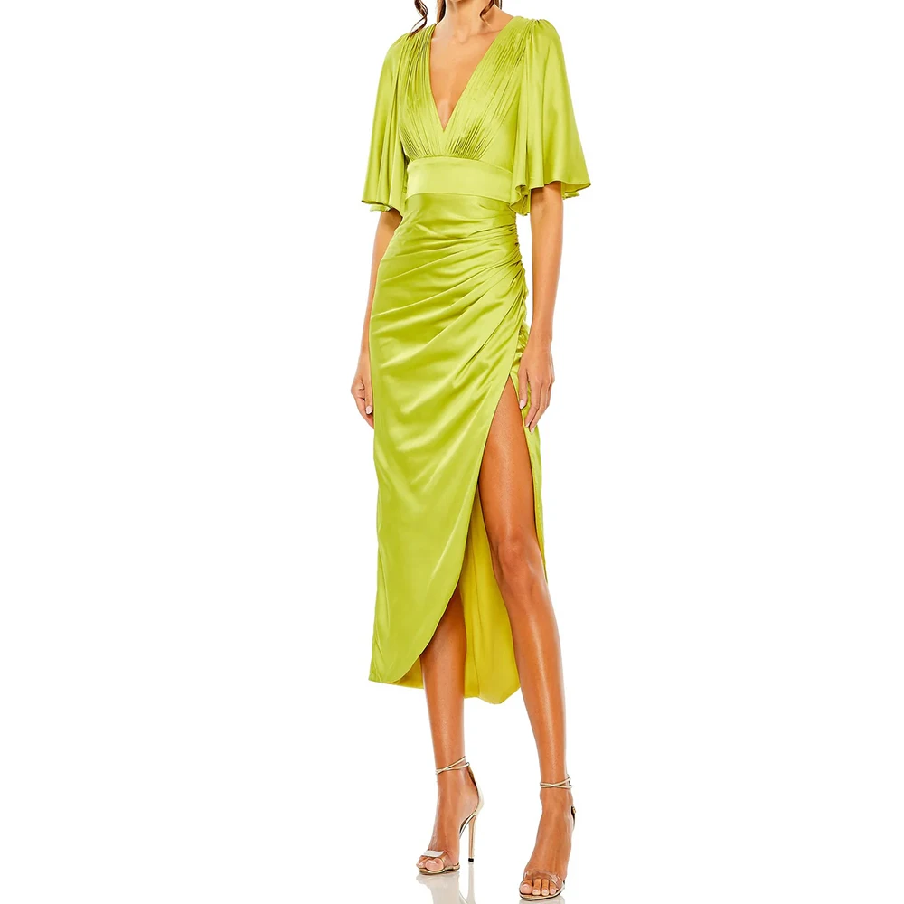 

Women's Straight Cocktail Dresses Tea-length V-neck Half Sleeve Prom Gown Simple Fashion Pleat Side-split Casual Customized Gown