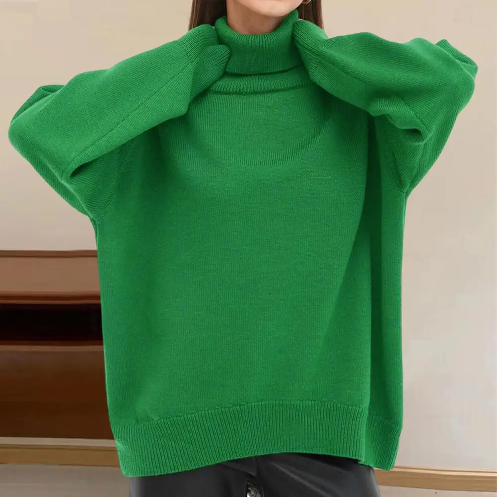 Comfortable Sweater Elegant High Collar Women's Sweater with Ribbed Trim Loose Fit Pullover Top in Solid Color for Stylish