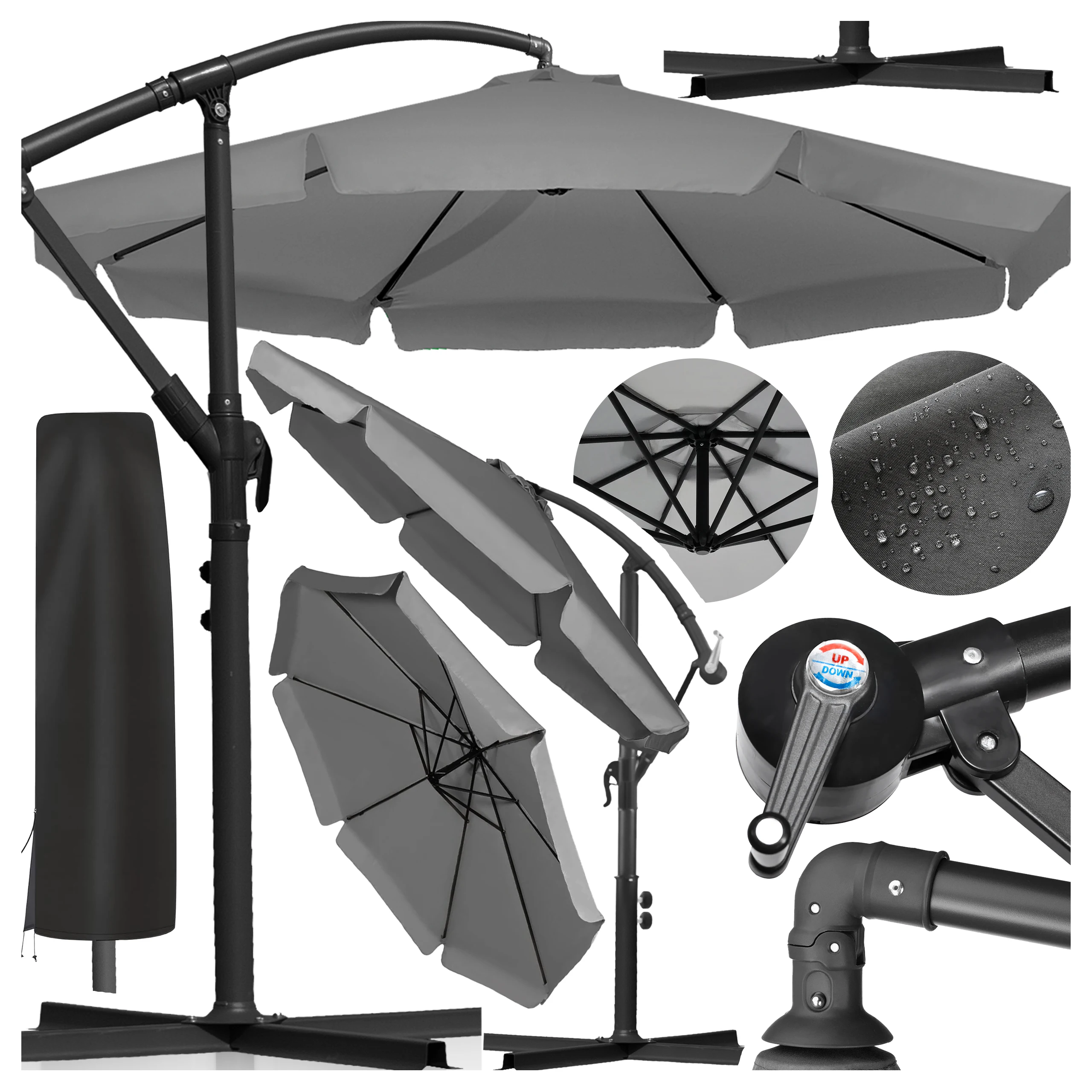 Parasol Ogrodowy Składany Duży z Wysięgnikiem Falbaną 350 cm Pokrowiec SOLARO GRAY