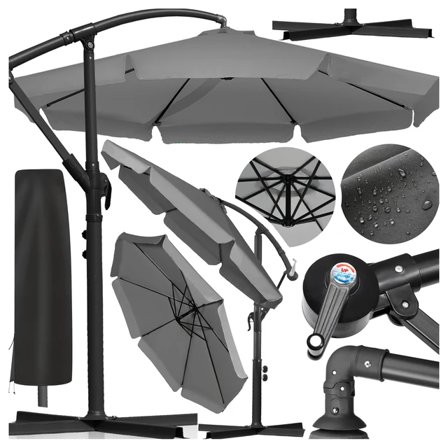 Parasol Ogrodowy Składany Duży z Wysięgnikiem Falbaną 350 cm Pokrowiec SOLARO GRAY