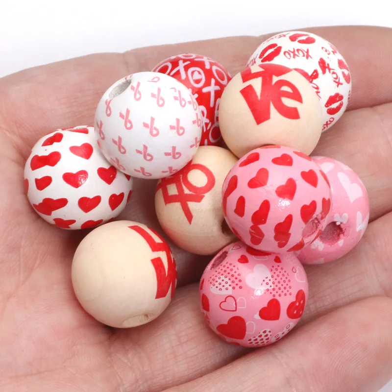 40pcs 16mm Valentine\'s Day Natural Wood Beads Round Spacer Wooden Beads For Diy Bracelet Earring Jewelry Making Supplies