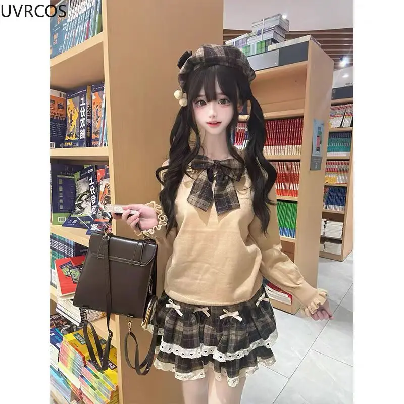 Jesień Zima Preppy Style Plaid Mini Spódniczka Kobiety Kawaii Lace Patchwark Bow Pleated Skirts Japanese Sweet Cute A-Line Cake Skirt