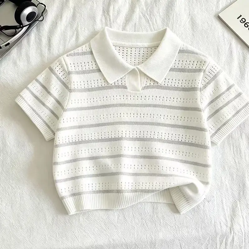 New Summer Kids Striped Hollow Out Knit T-Shirt Thin Short Sleeve Tops Boys Girls Breathable Casual Clothing